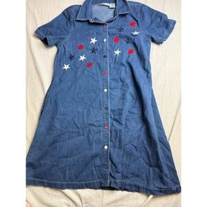 Bedford Fair Lifestyles Shirt Dress Womens Large Denim Y2K 90s Embroidered Stars
